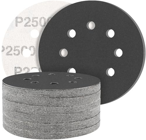 STEBRUAM 50 unidades de papel de lija de carburo de silicio de 125 mm 2500 grano,Profesional 125 redondo 8 agujeros mojado y seco disco abrasivo,Mejor para coches de metal…
