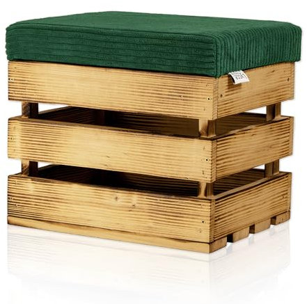 Lycce Hocker mit Stauraum, Sitzhocker Holzkiste geflammt mit gepolstertem Deckel Cordstoff grün 35 l (40 x 32 x 34 cm), Sitztruhe mit Stauraum für Bettwäsche, Handtücher, Spielzeug uvm.
