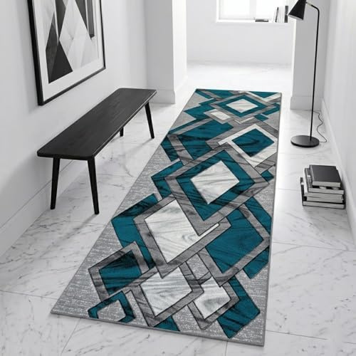 PHP Runner Rugs for Hallway Kitchen Washable Runner Floor Rug - Geometric Pattern Design Heavy Duty Large Floor Rugs Living Room Kitchen Rug - 80 x 150 cm- Teal