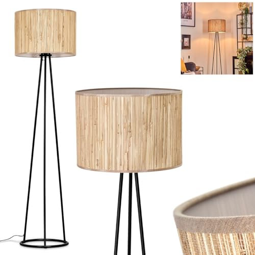 HOFSTEIN Stehleuchte Bongal, Stehlampe aus Metall/Seegras in Schwarz/Natur, Leuchte im modernen Design mit rundem Schirm (Ø 40 cm) u. Fußschalter, Höhe 152 cm, 1 x E27, ohne Leuchtmittel