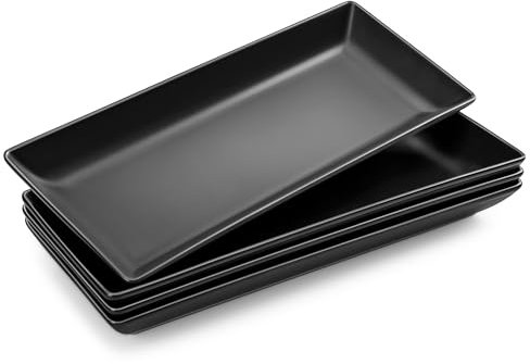 MALACASA 4 Pièces Assiette Plate Plat Hors-D'Oeuvre Dessert Rectangulaire en Porcelaine Service de Table, 14 x 6 inch/36 x 15.3cm, Noir