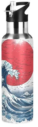 Niigeu Drapeau Japonais Grande Vague De Mer Bouteille d'eau Isotherme avec Paille en Acier Inoxydable Gourde, Sans BPA Gourdes Eau pour Enfant Sport Randonnée École Bureau (600ml/1L)