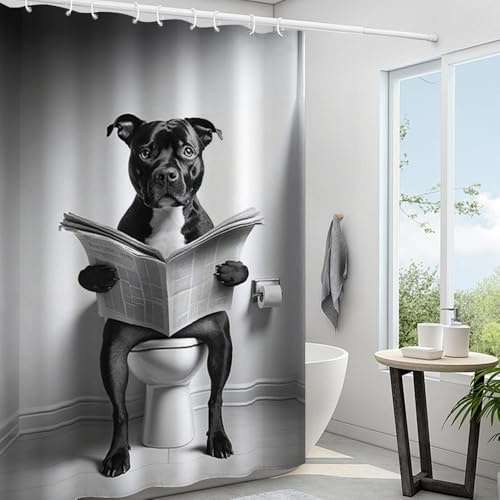 Reateforin Black and White Funny Animal Shower Curtain Staffordshire Bull Terrier Shower Curtain Set for Bathroom Funny Bathroom Curtain Cute Dog Curtain Fabric Waterproof for Boys Girls 72x72