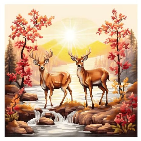 Xinpinzhou Kreuzstich Set Vorgedruckt Hirsch, Stickvorlagen Stickbilder Vorgedruckt Kreuzstich Stickpackungen Stickpackung Cross Stitch Embroidery Kit Tier Stickset Sticken Set Erwachsene Anfänger