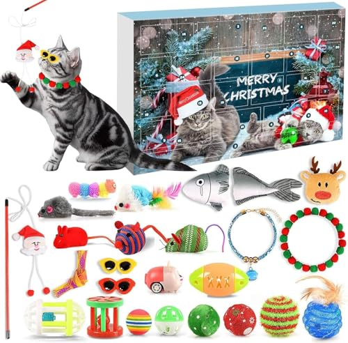 2024 Katzen-Adventskalender, 2024 Weihnachts-Countdown-Kalender für Kätzchen, Spielzeug, 24 Stück, Katzenfeder-Teaser und Kugelglocken, 24 Tage, Weihnachts-Countdown-Geschenke für Kätzchen für