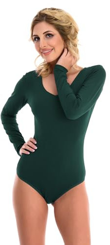 Magi Langarm Damenbody | Stringbody mit Rundhals |Overall Bodysuit Ballett Trikot für Frauen | Unterzieh-Body mit optimaler Passform | sportlicher Tanz-Body (M, Dunkel Grün)