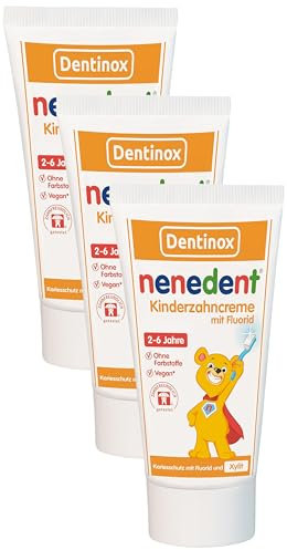 Nenedent Kinderzahncreme - 3-fach Schutz gegen Karies - Härtet den Zahnschmelz - 1.000 ppm Fluorid - 13% Xylit - VEGAN - Ohne Farbstoffe - Himbeer-Erdbeer-Pfefferminz Aroma - 1x50ml (Packung mit 3)
