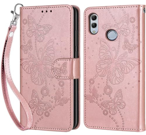 Custodia per Huawei P Smart 2019 / Honor 10 Lite Cover, Oro rosa Farfalla | Portafoglio in Pelle PU Retro, Antiurto Flip, Slot per Schede, Funzione Stand, Chiusura Magnetica