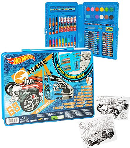 68 TLG. Set__ Stifte-Koffer - Auto - kompatibel mit Hot Wheels - incl. Name - Malkoffer mit Stiften + Filzstifte + Buntstifte + Pastellkreiden + Wasser F..