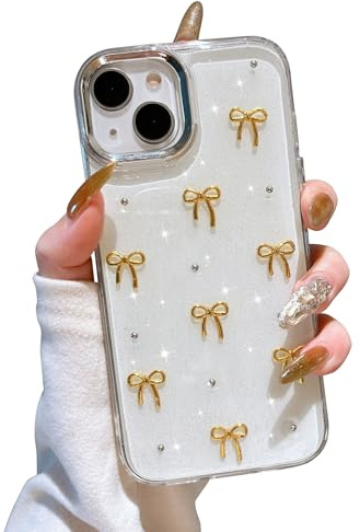 EYZUTAK Case for iPhone 14 Plus, Bling Glitter 3D Bowknot Case, Gold Bow | Sparkly Crystal Clear Phone Cover, Bow Aesthetic Design, Slim Soft Durable TPU Transparent Protective Cover, for Women Girls