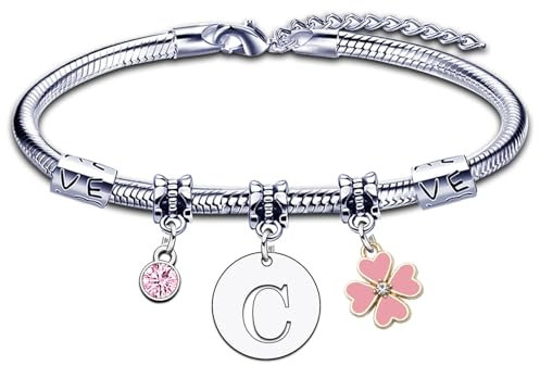 Bracelet pour Femme Fille A B C D E F G H I J K L M N O P Q R S T U V W X Y Z Bracelet Lettre Initiale Pendentif Cadeau pour Amie Fille Sœur Collegue Maman Couple Anniversaire Saint Valentin (1C)