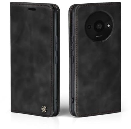 LBH Étui de protection à rabat pour Xiaomi Redmi A3 - Noir - Avec compartiment pour cartes et argent - Avec fonction support - Fermeture magnétique - Vintage