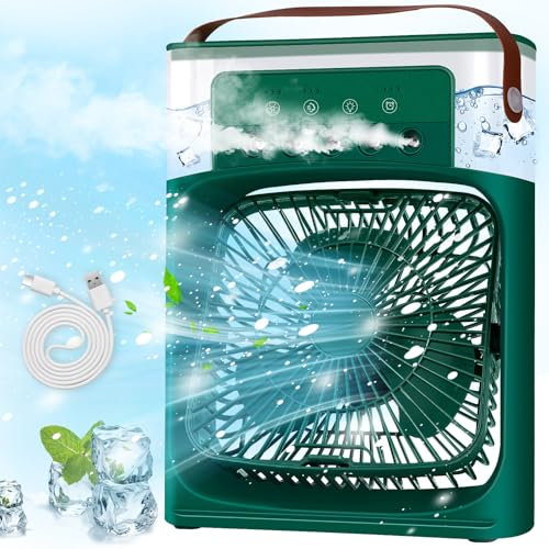 BuzzoXerex Mini Aire Acondicionado Portatil, 5 en 1 Enfriador de Aire Portatil, Mini Refrigerador de Aire Móvil Ventilador, 3 Velocidades, Modos de Niebla, 7 LED Hogary, 2-8H Cronometrado (Verde)