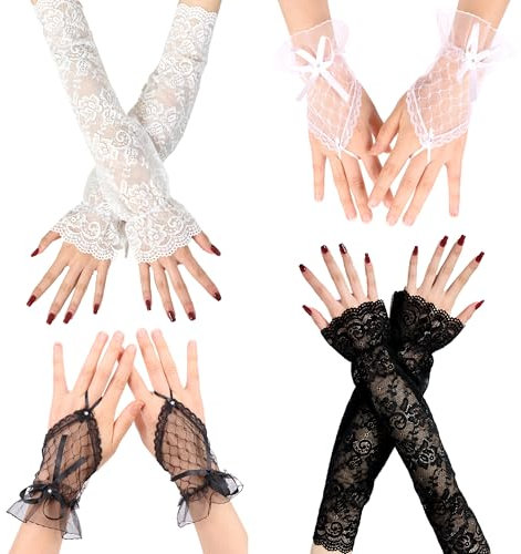 JNYUTEEN 4 Paar Damen Spitzenhandschuhe, Schwarz Weiß Spitze Handschuhe brauthandschuhe, Netzhandschuhe Fingerlose Handschuhe Elegant Damen für Hochzeit Party Kostüm Zubehör