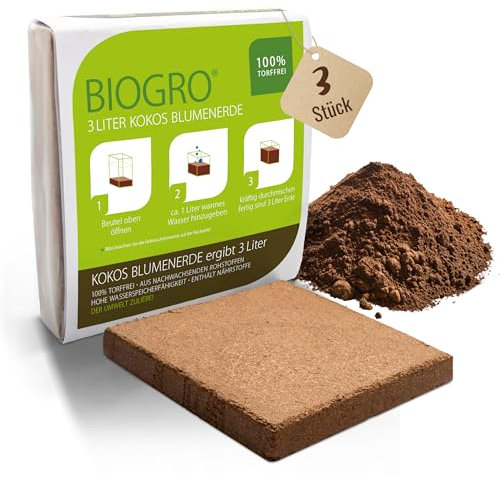 BioGro® Kokoserde gepresst im Quellbeutel - Biologisch abbaubare, torffreie Blumenerde aus Kokosfasern ideal als Anzuchterde (3 Liter, 3 Stück)
