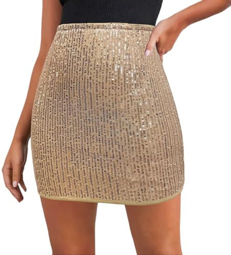 SamHeng Damen Paillettenrock Glitzer Glitzer High Taille Bodycon Miniröcke Sexy Bleistift Kurzfestival Rave Rock Halloween Weihnachtsfeier Clubwear Night Out(Gold/L)