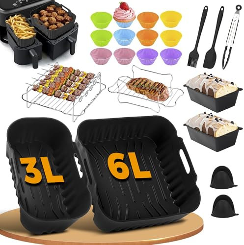 Pietuley 28Pcs Silicone Air Fryer Accessories for Philips Dual Basket Air Fryer 3000 Series 6L/3L, Reusable Dual Silicone Air Fryer Liners Racks Set for Philips NA350/00 9L & Tefal Easy Fry 5.2L/3.1L