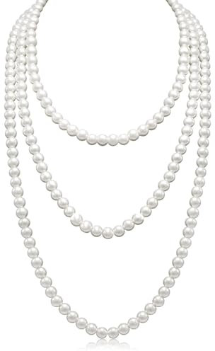 TPZORJX 1 Stück Perlenkette 150 Cm, Perlenkette Damen, Perlenkette Lang,1920S Gatsby Kostüm Accessoires Lange Perle Halskette,Dame Weiße Elegante Künstliche Perlen-Halsketten - Weiß