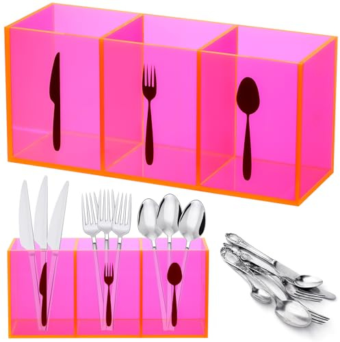 Suzile Acrylic Cutlery Storage Organizer Bin Silverware Caddy Countertop Knife Spoon and Fork Holder Kitchen 3 Section Tableware Storage Box for Cabinet Indoor Home Flatware Dining Room(Pink,M)