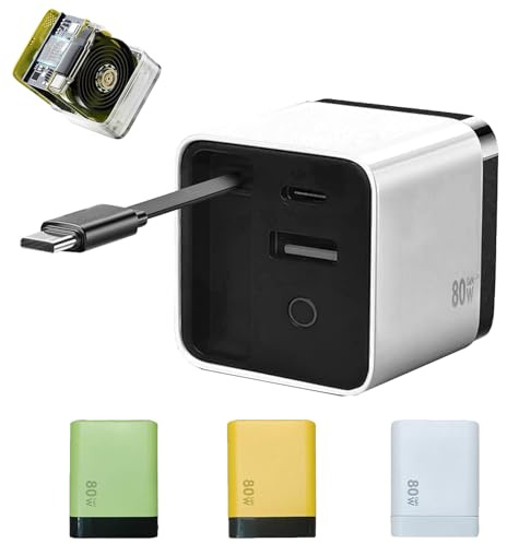 3 in 1 GaN Charger,Scalable 80W MAX Fast Charger Module with Type-C Cable and 2 USB Ports, Retractable Phone 80 Watt All in One Wall Plug for iPhone, Phone and Laptops (White)