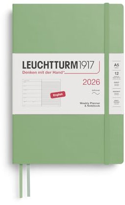 LEUCHTTURM1917 372677 Wochenkalender & Notizbuch Medium (A5) 2026, Softcover, Salbei, Englisch