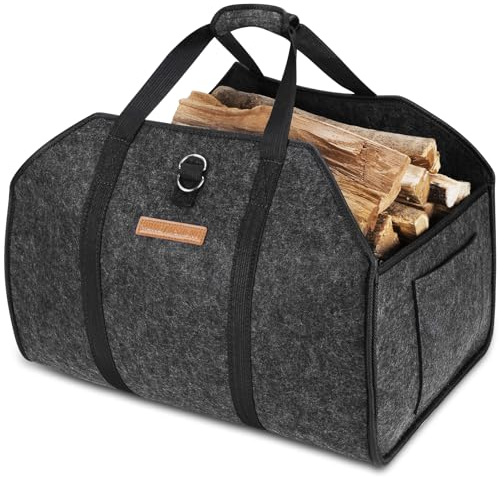5MM XL Cesta per legna da interno di feltro | Borsa per la movimentazione di legna di legno | Legnaia da esterno | Cintura pieghevole con corda fissa | per lo shopping, il legno, i giornali | Nero