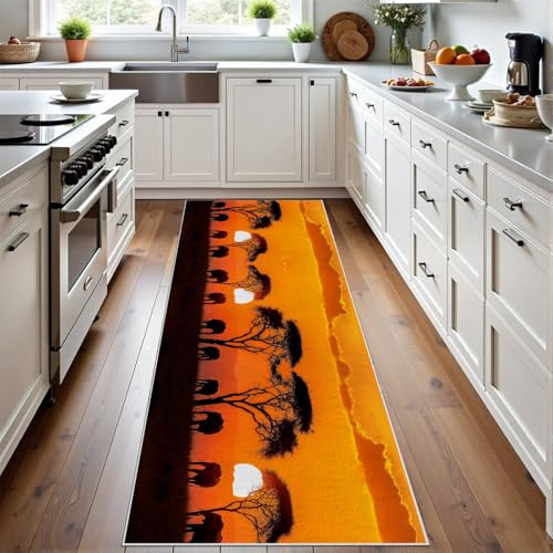 Meugesoi Sonnenuntergang Landschaft Teppich Läufer 60x150 cm Afrika Elefant Teppiche rutschfest Waschbar Bettumrandung Schlafzimmer, Teppichläufer für Küche, Flur, Eingangsbereich
