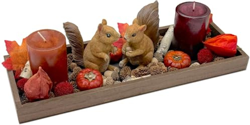 ZauberDeko Herbst Deko Tablett in Braun aus Holz mit Kerzen, Eichhörnchen Figuren & Streudeko - Herbstdeko 40cm