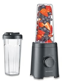 Severin Batidora y mezcladora de batidos Mix & Go, 2 vasos con tapa para beber de 600 ml, aptos para lavavajillas, 2 potencias, cuchillas de acero inoxidable, autolimpieza, 320 W, negro, SM 3743