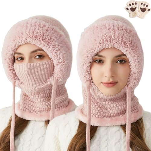 Bonnet 3 en 1 avec écharpe et masque, écharpe coupe-vent pour femme - Chaud - Hiver - Doublure en polaire - Cagoule