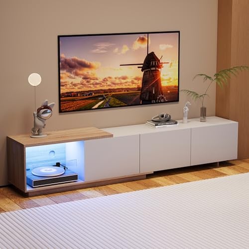 Meuble TV Moderne avec lumières LED Variables, 3 Portes et Étagères en Verre, Meuble TV de Rangement Meuble Télé Longueur pour Salon, Cadre en Bois, Télescopique Flexible Table Télé pour Salon (Blanc)