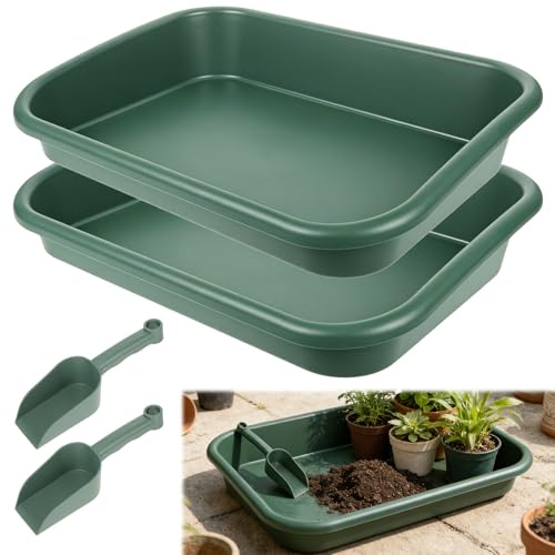 Rainmae 2 Piece Heavy Duty Plastic Potting Tray Set, Green Plant Repotting Trays with Garden Shovels, Rectangle Nursery Trays for Bottom Watering, Soil Changing & Succulent Care