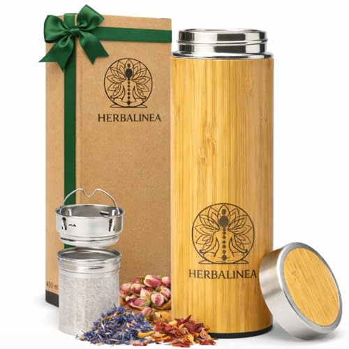 HERBALINEA Botella Térmica Bambú 450 ml con Infusor de Té | Termo Acero Inoxidable 18/8 Doble Pared | 24h Caliente / 12h Frío | Antigoteo Premium para Té, Café y Agua