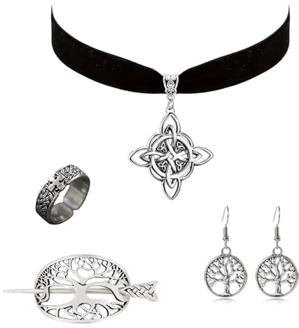 UZYXC 4-teiliges Wikinger Keltischer Schmuck Set - Halskette, Haarnadeln, Ohrringe und Ring im Vintage Design, Mittelalter Accessoires für Damen, Keltische Haarspange, Wikinger Kleidung Damen