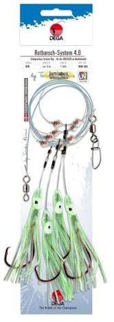 DEGA Rotbarsch-System 4.0 by Torsten Ahrens, Tiefsee-Meeresvorfach, 4 Seitenarme, 6/0 Circle Hooks, UV-/Luminous-Perlen, 1,00 mm, 5,0 m (Luminous)