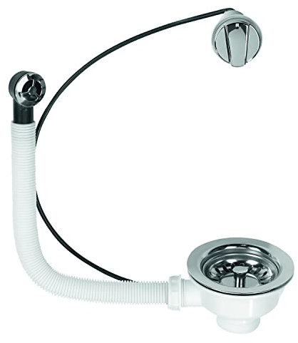 Wirquin 30718723 Bonde pour évier ø90 1 bac, plastique et métal, avec trop-plein exterieur et commande à câble, chromé, Blanc