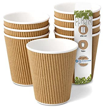 BIOZOYG 100 Stück Kaffeebecher isolierte Pappbecher 250ml / 10 oz Ø 90 mm weiß/braun - geriffelt plastikfrei nachhaltige Materialien - Einwegbecher Glühweinbecher