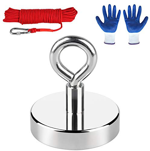 180KG Haftkraft Neodym Ösenmagnet, N52 Super Starker Bergemagnet zum Magnetfischen Ø60mm Suchmagnet mit 20m Seil, einem Paar Handschuhen, Neodymium Topfmagnet Stark