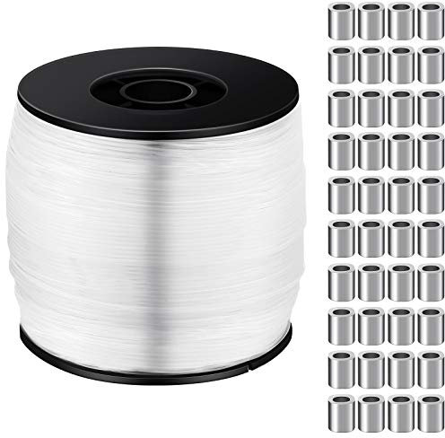 Strong Clear Fishing Wire Thick Fishing Wire 1 mm Up to 100 Lbs, 656 Feet Nylon Thread with 100 Pieces Aluminum Crimping Loop Sleeves Hanging Wire Kit for Craft Picture Frame Hanging Decoration