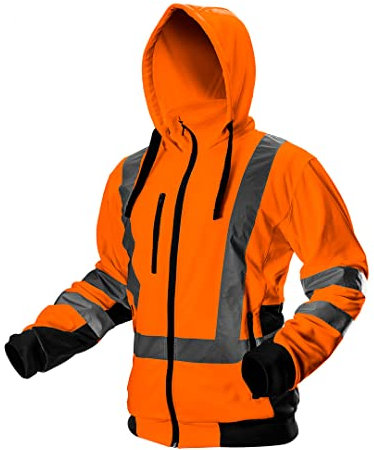 NEO TOOLS Herren Sicherheitsjacke mit reflektierenden Streifen, Warnschutzjacke mit Kapuze, Stehkragen, Innenfutter Fleece, Pulli Berufsjacke Warnjacke Langarm, orange, Gr.XL