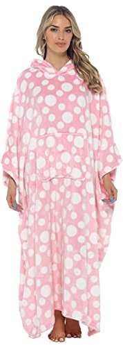 Undercover Übergroße, tragbare Kapuzendecke, extra lang, ultraweicher Fleece-Poncho-Kapuzenpullover, Rosa Punkte, Einheitsgröße