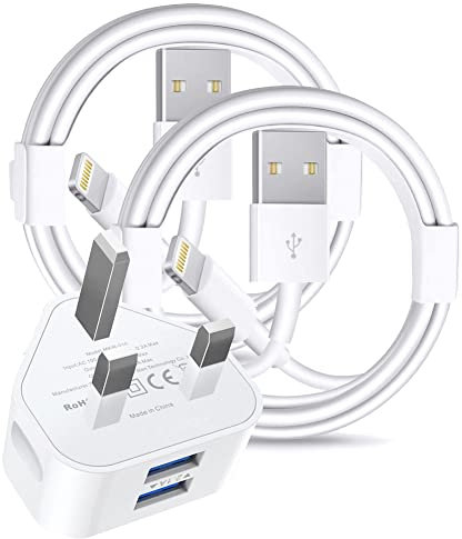 Apple iPhone Fast Charger Cable，10W 2-Port USB Power Wall Charger & 2 Pieces 6.6FT Lightning to USB Fast Charging for iPhone 14/13/XS/iPad/AirPods Pro，Supports Power Delivery & All iOS System-White