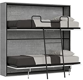 IMAGO FACTORY Kendo Double - Horizontales Klappbares Doppelbett, Platzsparendes Bett, Faltbar, L.200 S.106 H.97, Klappbares Wand-Etagenbett, Matratzen Enthalten, Zementfarbe