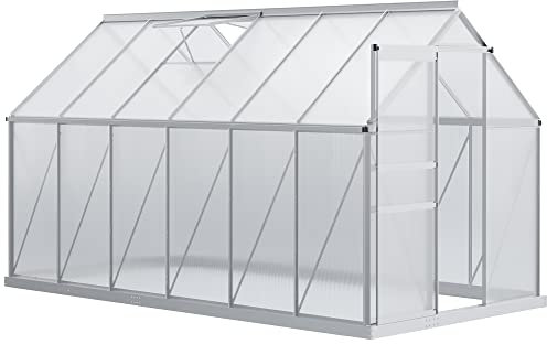 Outsunny Serre de Jardin en Polycarbonate 7,1 m² dim. 1,9L x 3,75l x 1,99 m avec Fondation, Lucarne réglable, Porte coulissante - Argent et Transparent