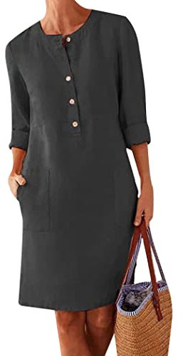 OMZIN Women's Linen Tunic Dress Cotton Summer Loose Shirt Midi Dresses with Pockets Blk M