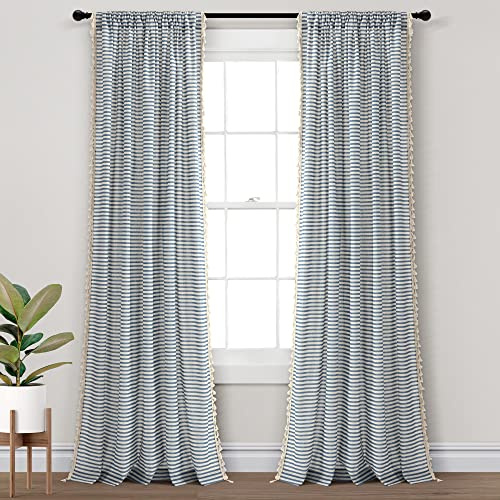 Lush Decor Boho Coastal Horizontal Ticking Stripe Tassel Window Curtain Panel Pair, 52 W x 84 L, Blue