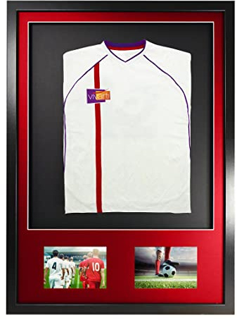 Vivarti DIY Infant 3D Mounted + Double Aperture Sports Shirt Display Frame for Football Shirt, Rugby Shirt, Band T-Shirt Shadow Box - 50x 70cm - Black Frame, Red Mount, Black Backing Card