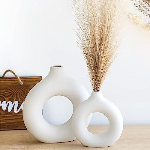 Große Donut-Keramikvase im 2er-Set - Vasen Deko Für Moderne Heimdekoration - Rund Matte Deko Vasen Set Für Pampasgras - Nordischer Boho-Stil Blumenvase Für Hochzeit - Deko Aesthetic - Deko weiß