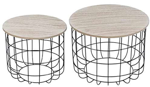 BTZHY Beistelltische,2-teiliges Wohnzimmer-Aufbewahrungsset Couchtisch mit Metallkorb und Holztischplatte