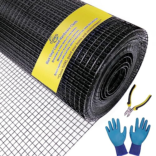 TUOKS 48 x 100ft 1/2 Hardware Cloth, 19 Gauge Black Vinyl Coated Galvanized Steel Welded Wire Fence Mesh for Home Garden Fencing and Pet Enclosures, with Cutting Pliers